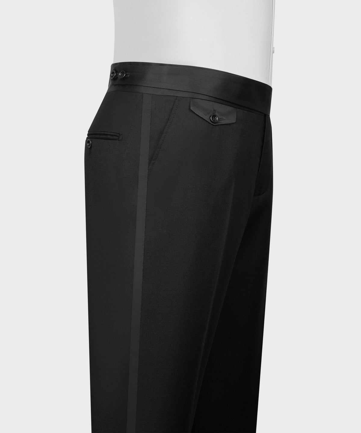 Black tuxedo trousers with waistband tab, belt loops, and front crease pleats