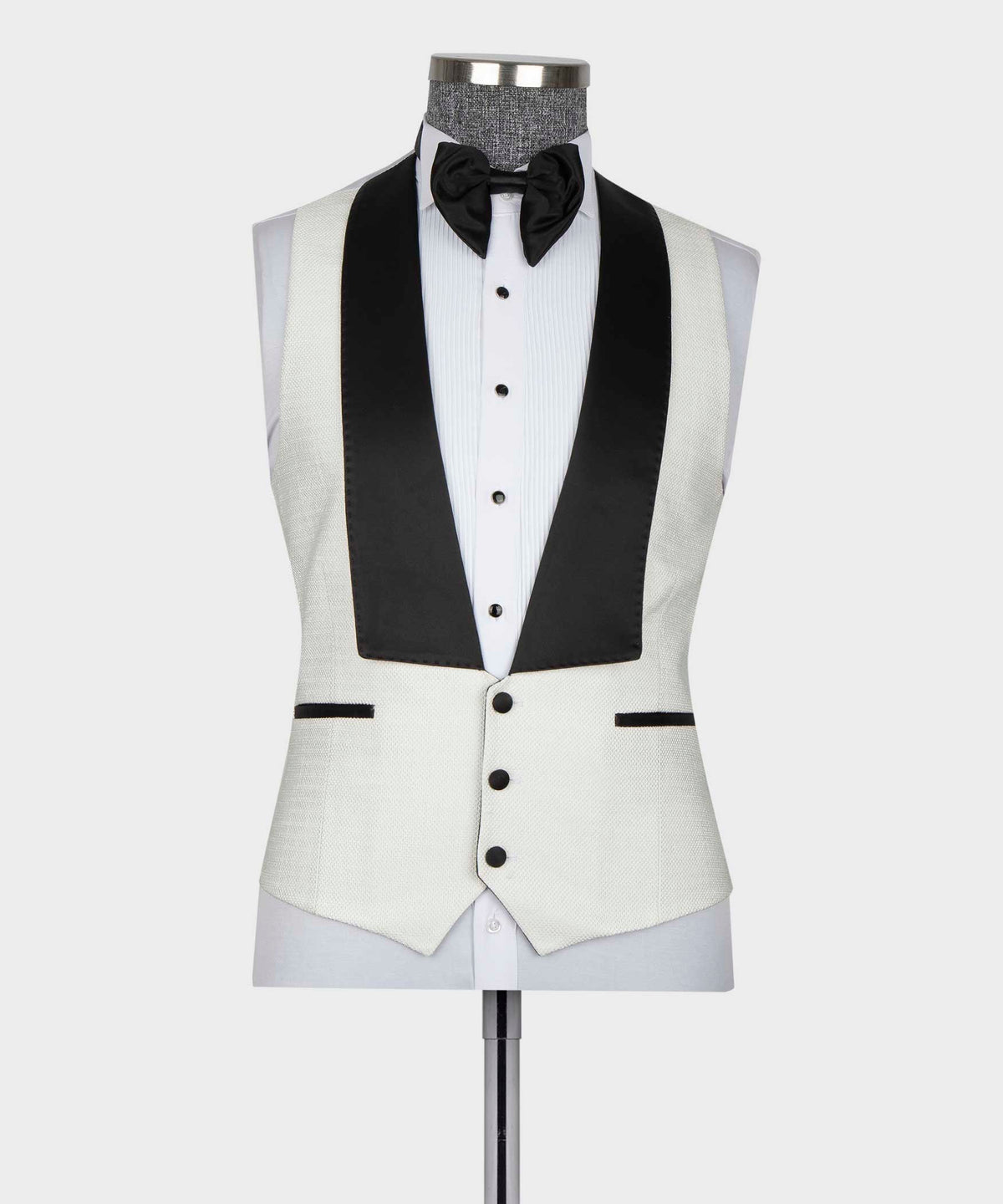 White tuxedo vest with black satin panel, black bow tie, striped white shirt