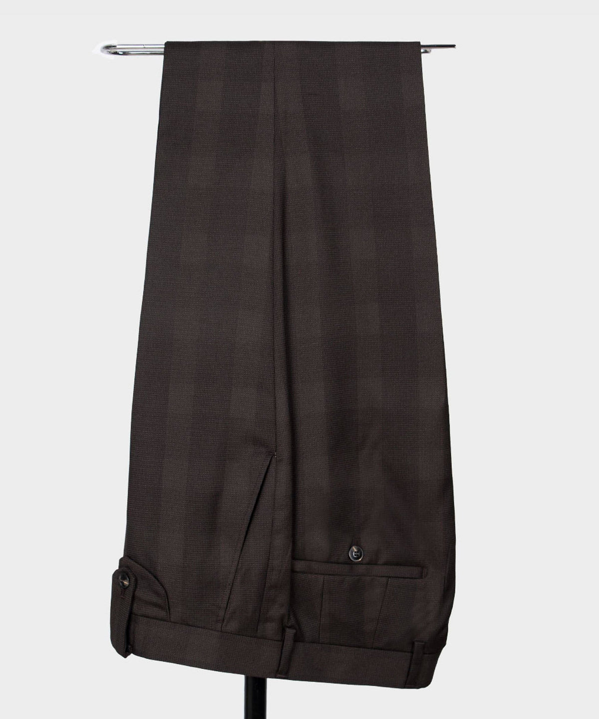 Dark brown dress trousers with crease and cuffed hem
