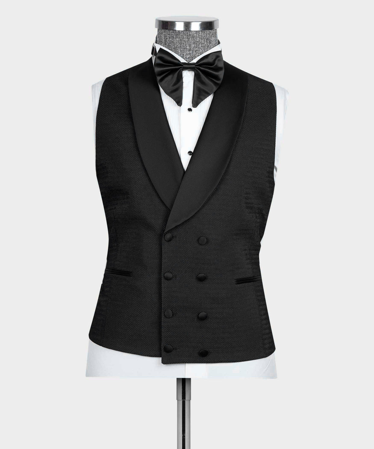 Black tuxedo waistcoat with satin bow tie and matching jacket
