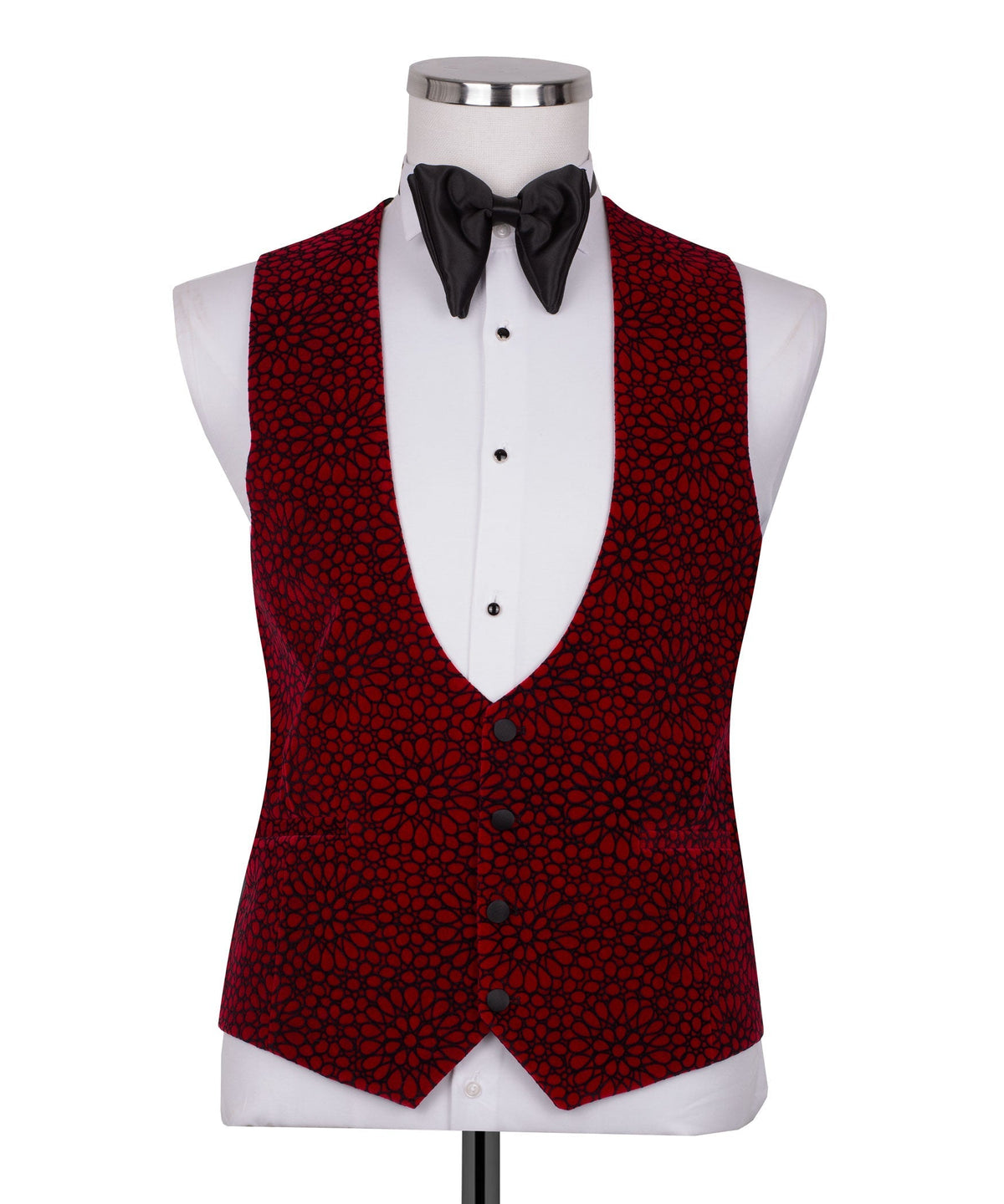 Red patterned tuxedo vest and jacket front with black bow tie and white dress shirt
