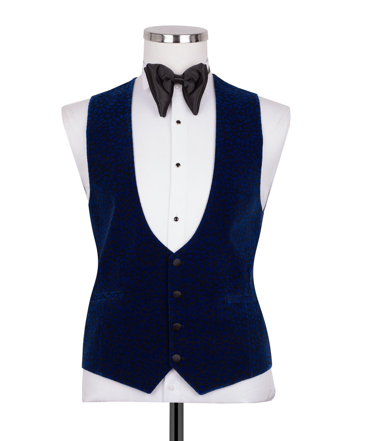 Blue velvet tuxedo vest with black bow tie and white dress shirt