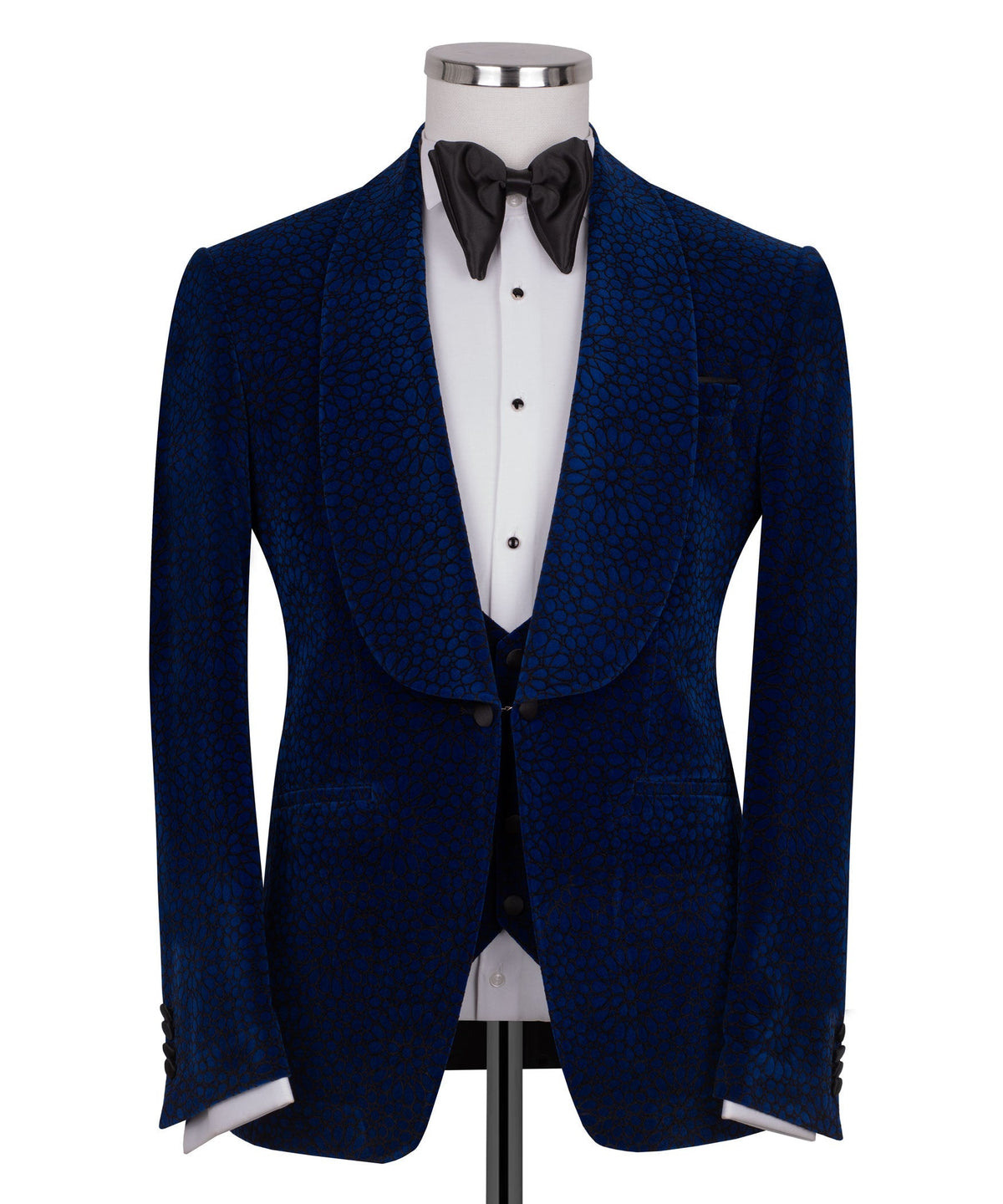 Blue velvet tuxedo jacket with notch lapels and black bow tie