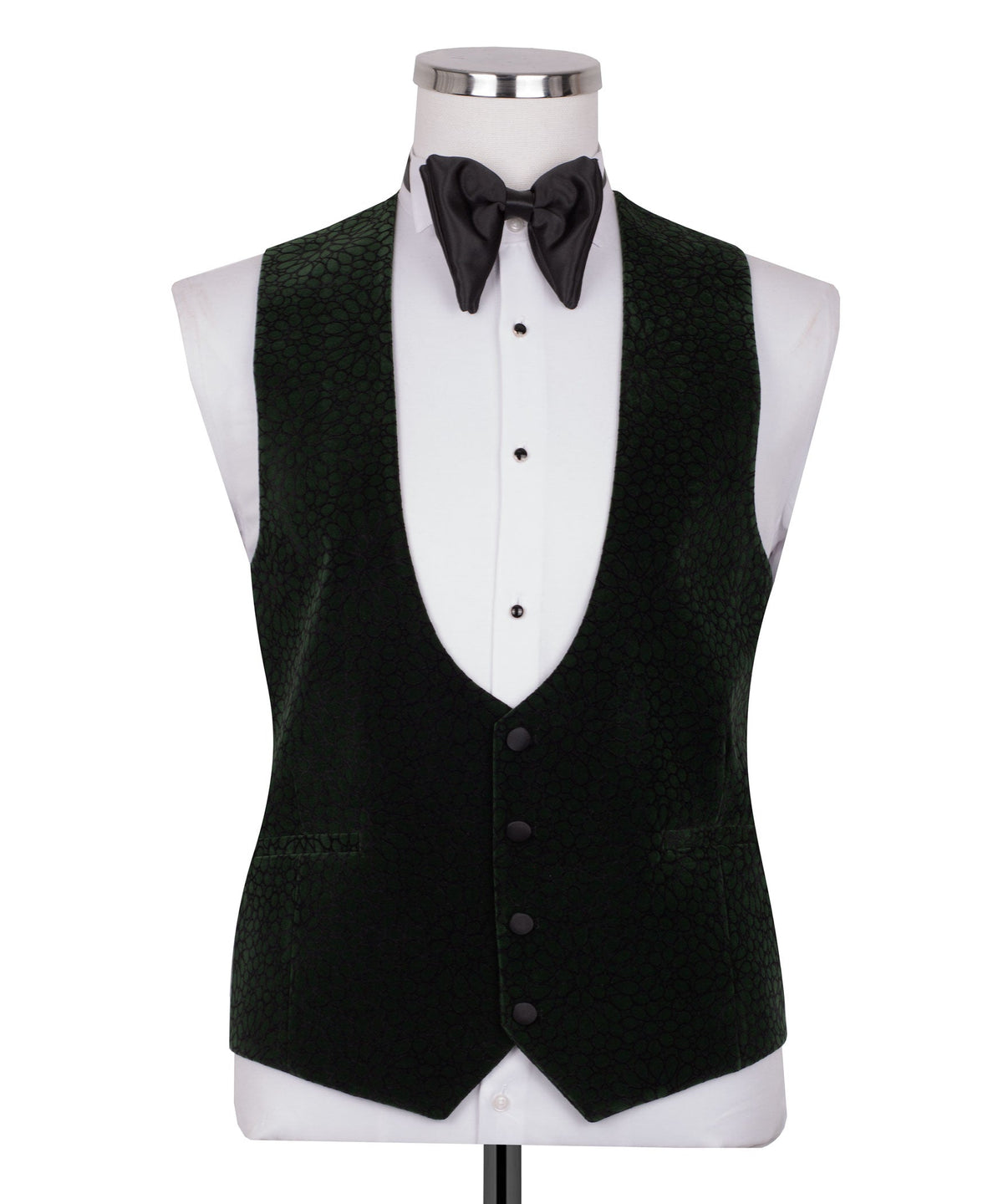 Green tuxedo waistcoat with black button-front vest and bow tie, sleeveless view