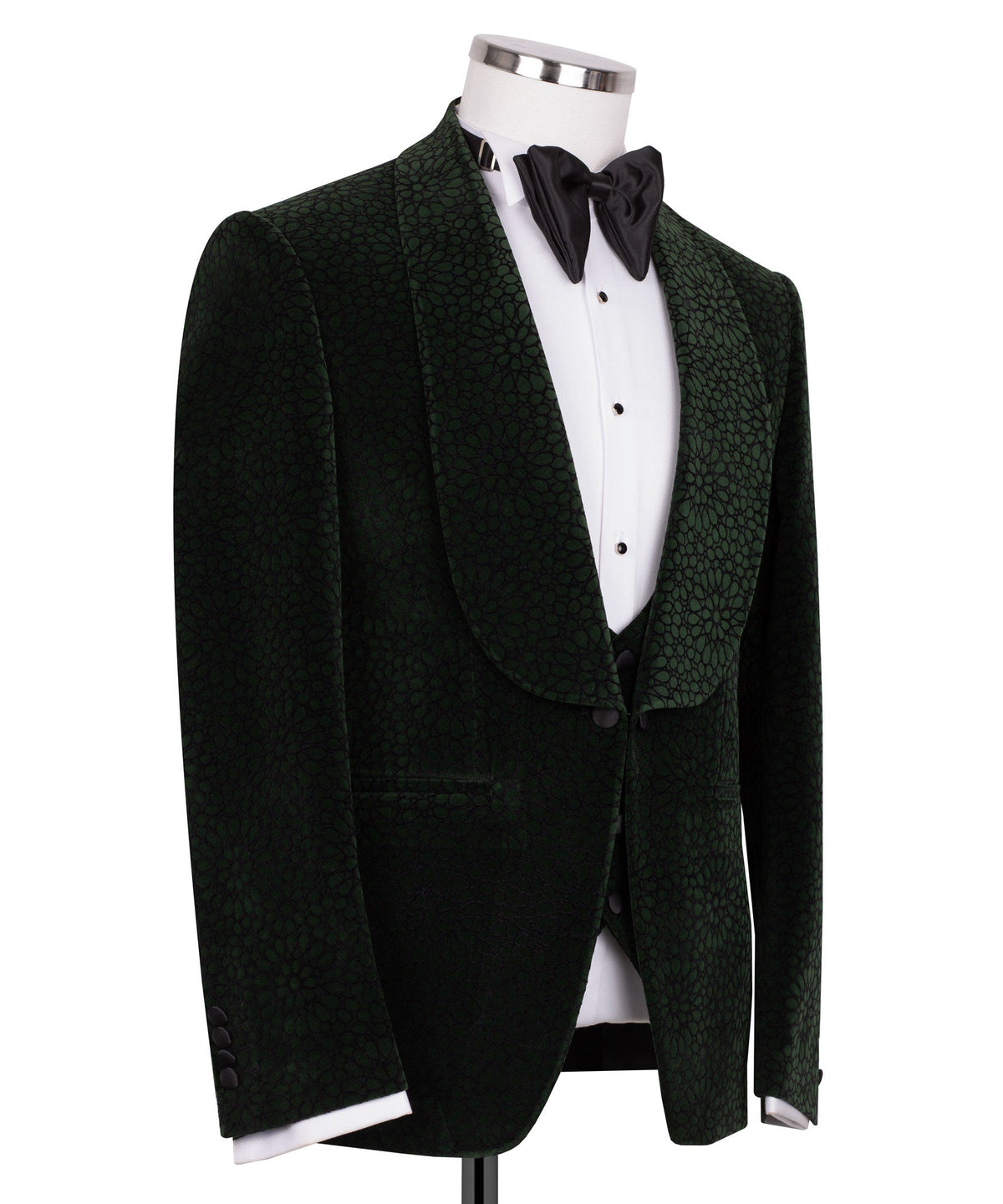 Front view tuxedo set: green patterned velvet jacket, black vest with bow tie
