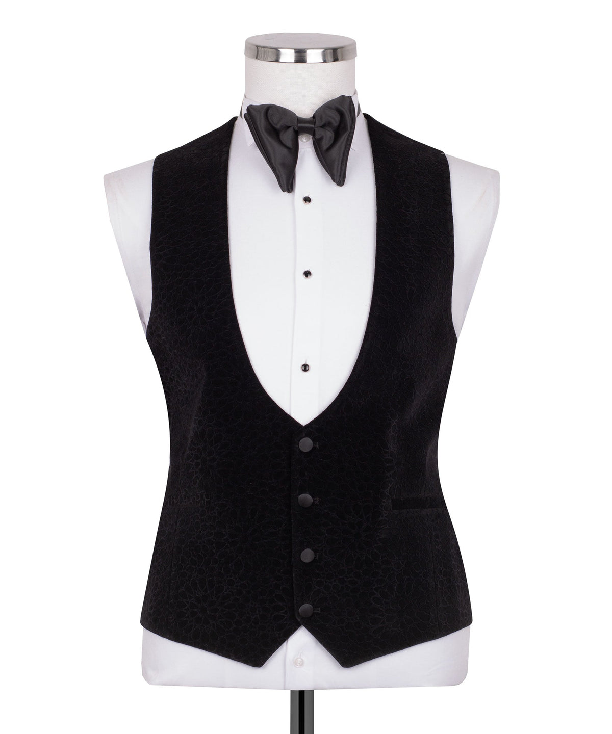 Black velvet tuxedo vest with shawl lapel detail and satin bow tie