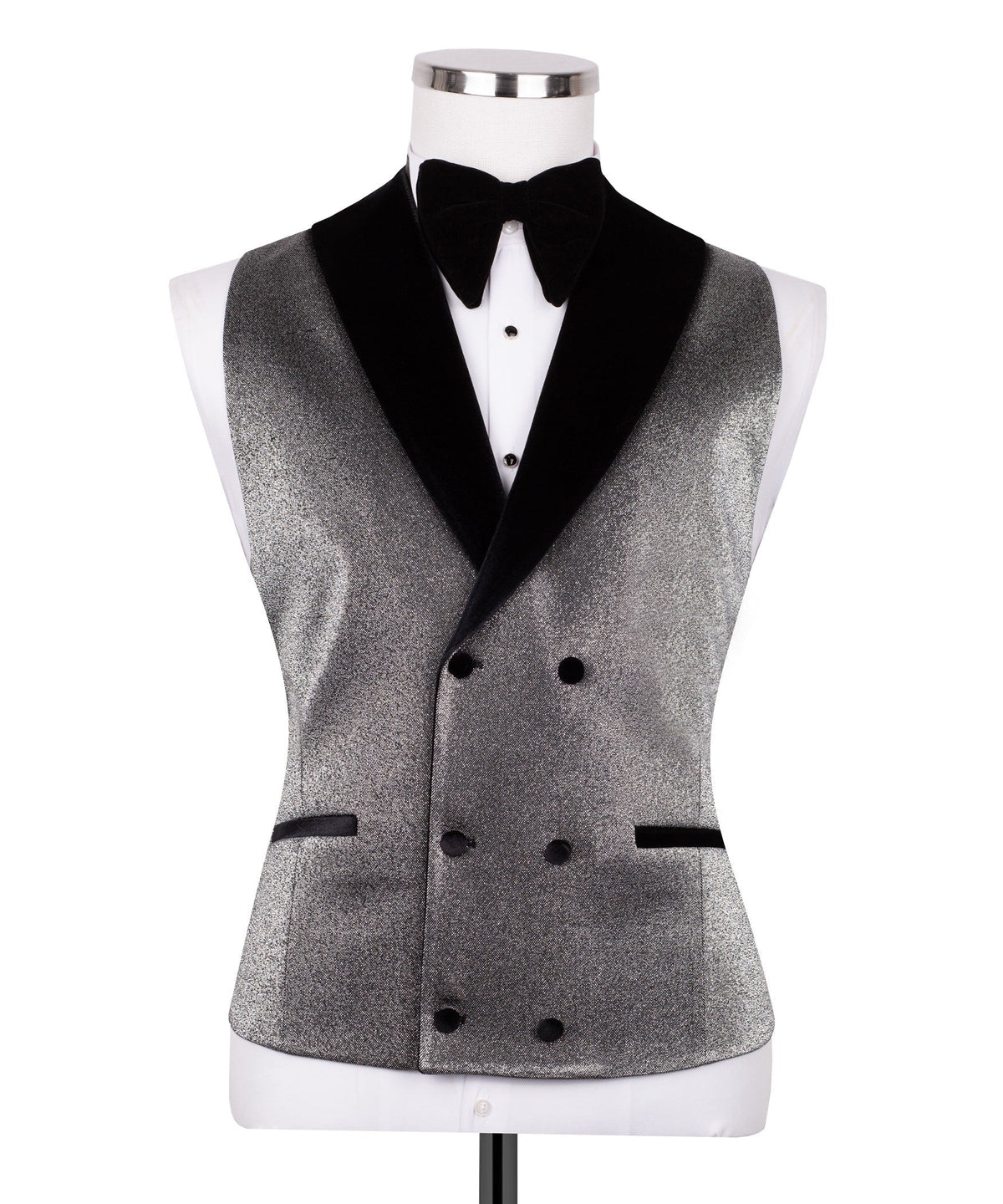 Velvet collar tuxedo vest in black with double-breasted button front