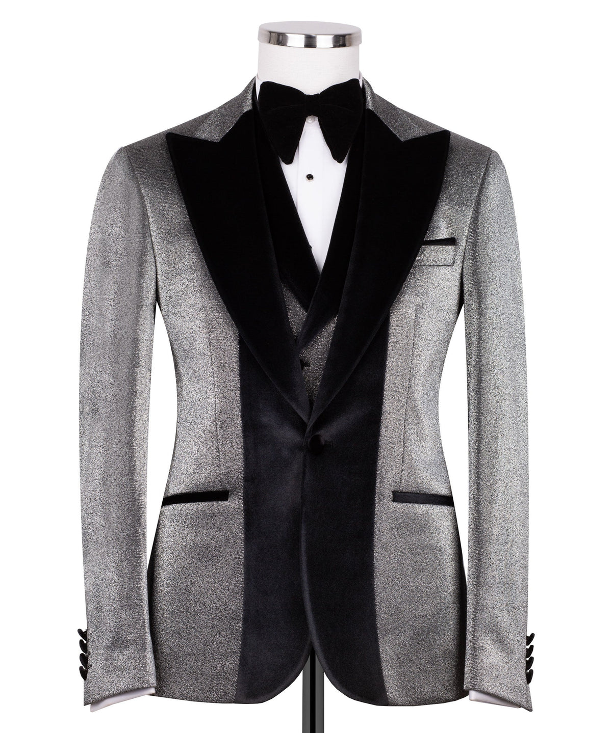 Black tuxedo jacket front view with velvet collar and satin lapels