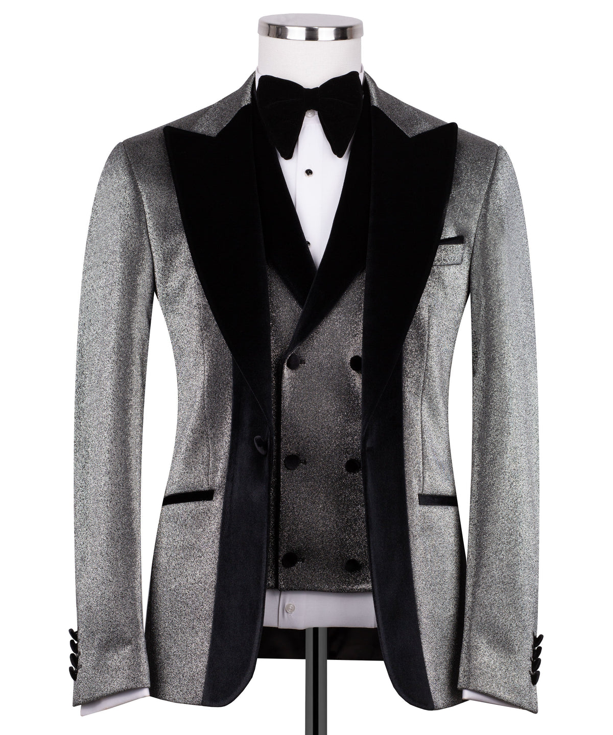 Velvet collar tuxedo jacket in black with satin lapels and bow tie