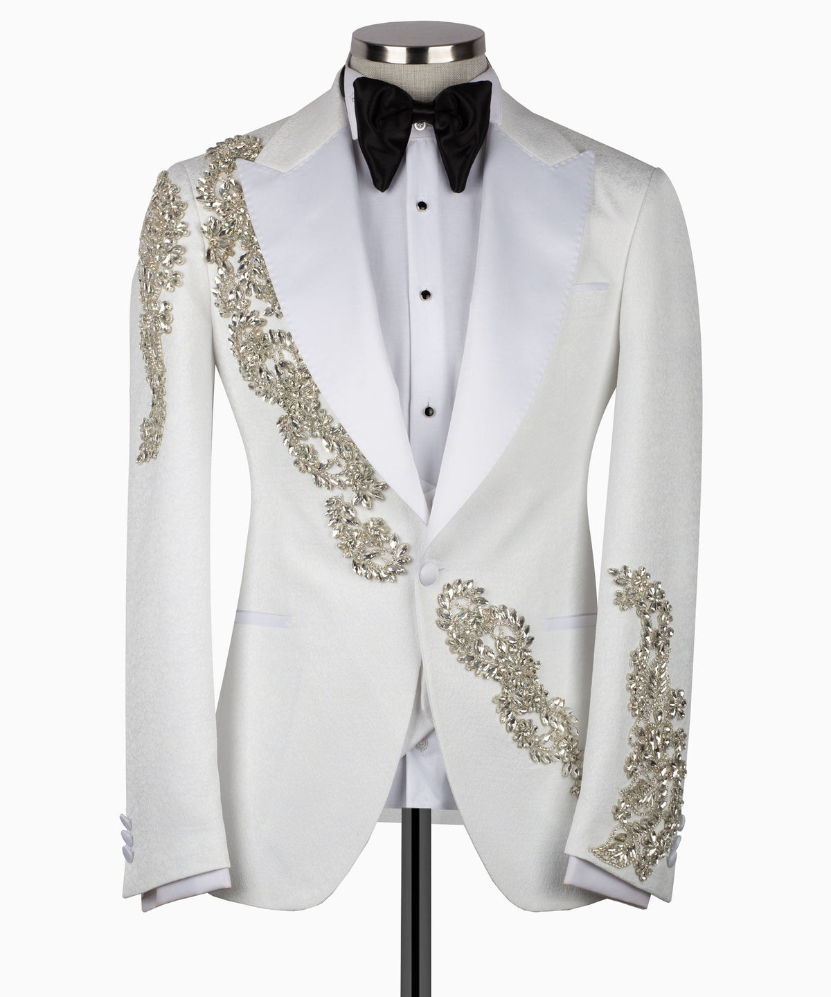 Light gray tuxedo jacket with gold stone trim, black bow tie, vest set