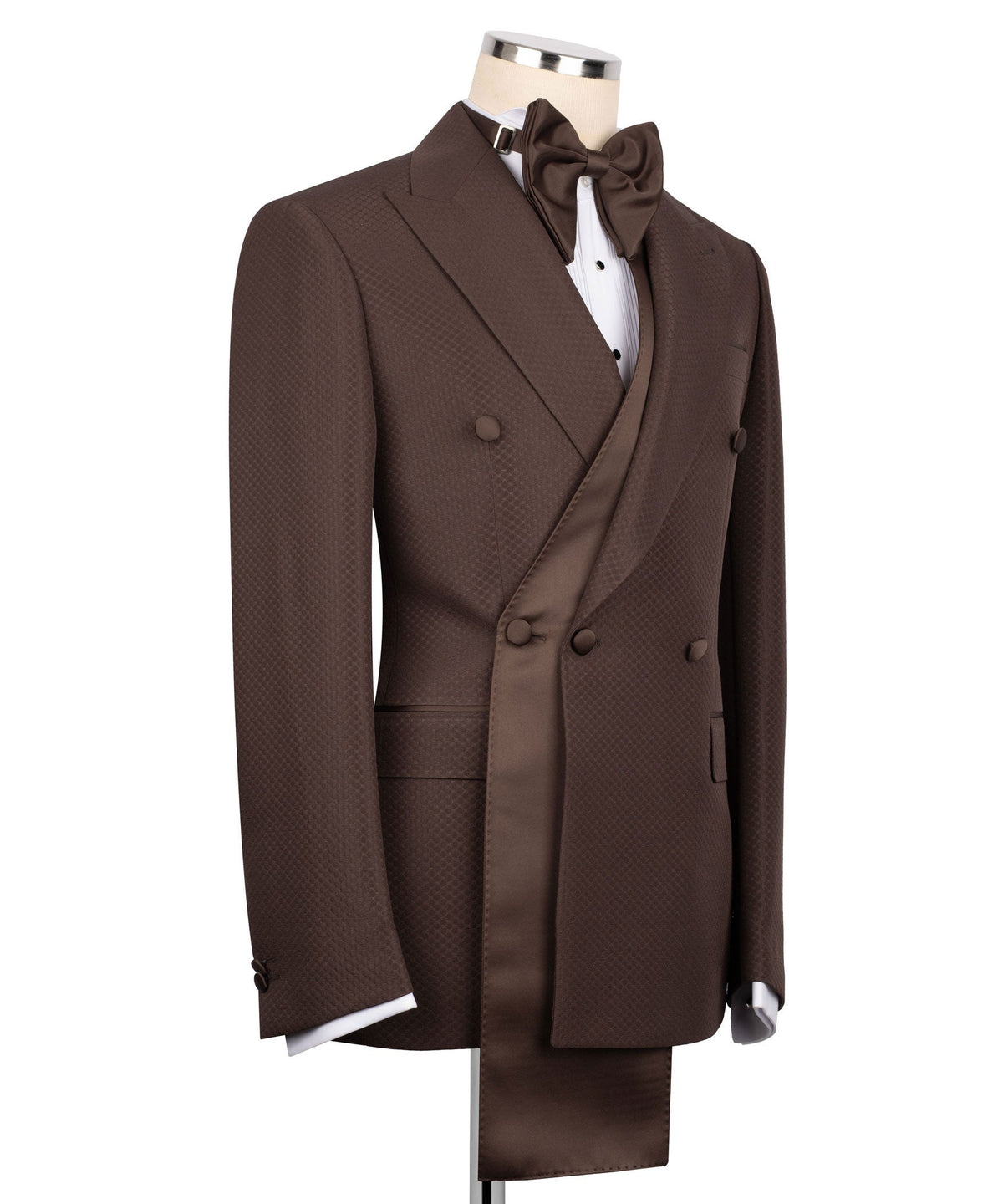 Side view of brown tuxedo jacket with shawl lapel and bow tie, plus vest and trousers