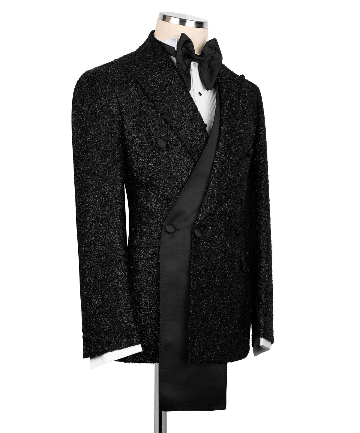 Long tuxedo jacket with shawl lapel, satin-striped waistcoat, and bow tie