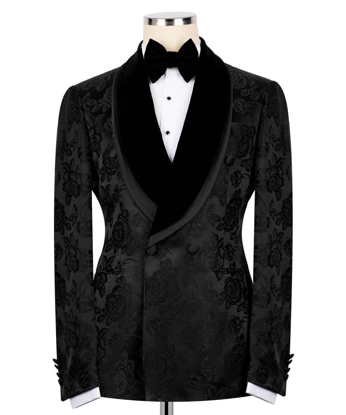 Black double-breasted tuxedo blazer, velvet bow tie, satin lapels
