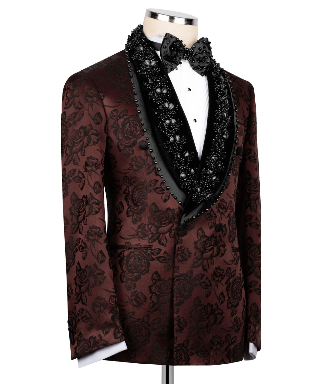 Burgundy tuxedo blazer with black stone-embellished V-lapel and dark decorative buttons