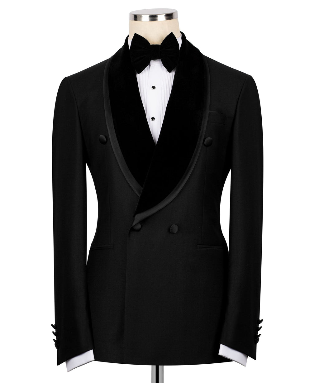 Black double-breasted tuxedo jacket with satin lapels, bow tie, vest