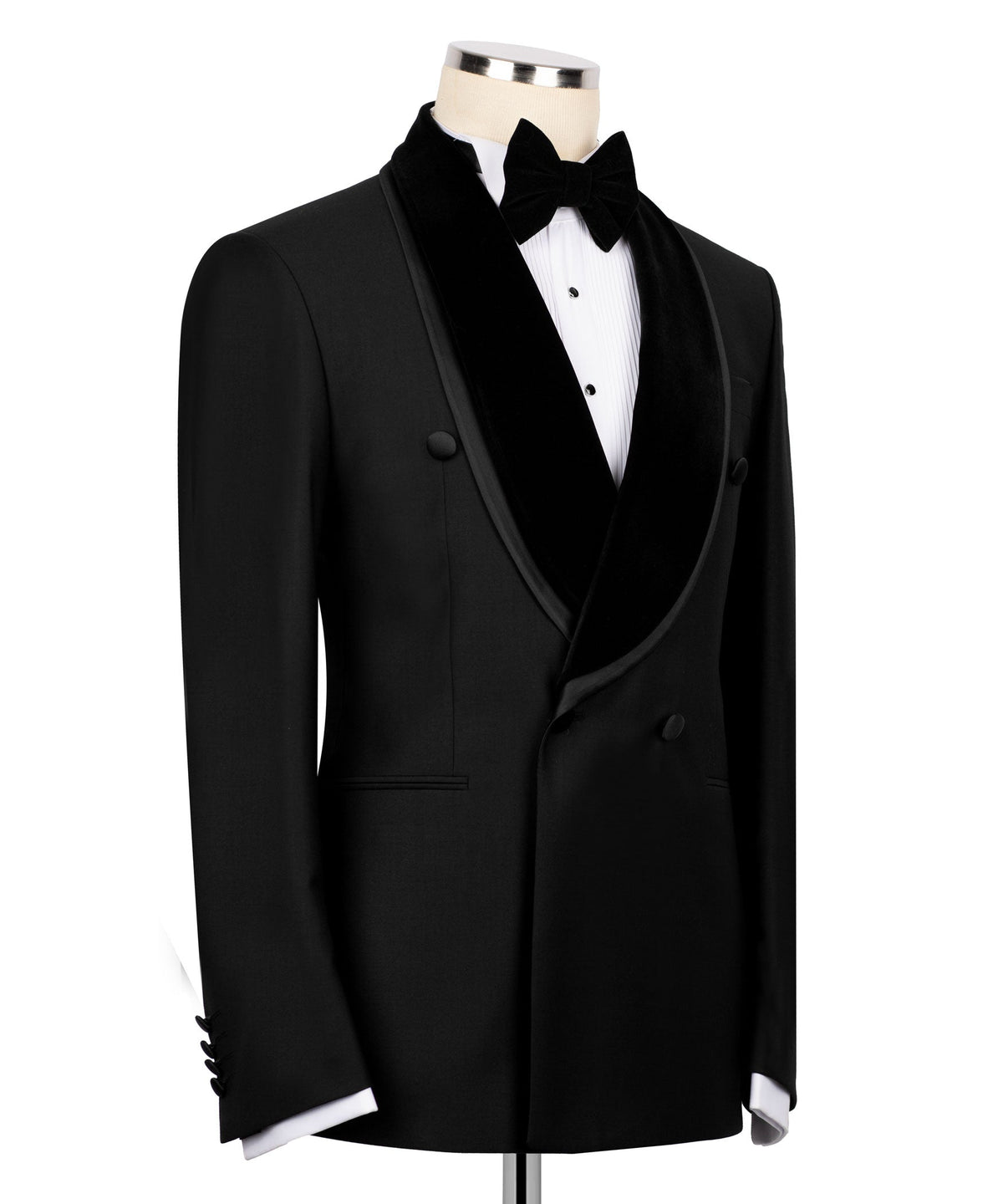 Black double-breasted tuxedo jacket with satin lapel detail and vest panel