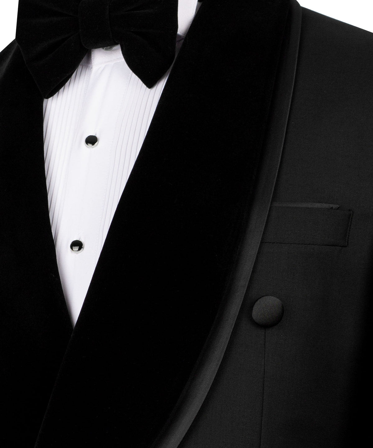 Close-up of black tuxedo lapels, bow tie, and white dress shirt front buttons