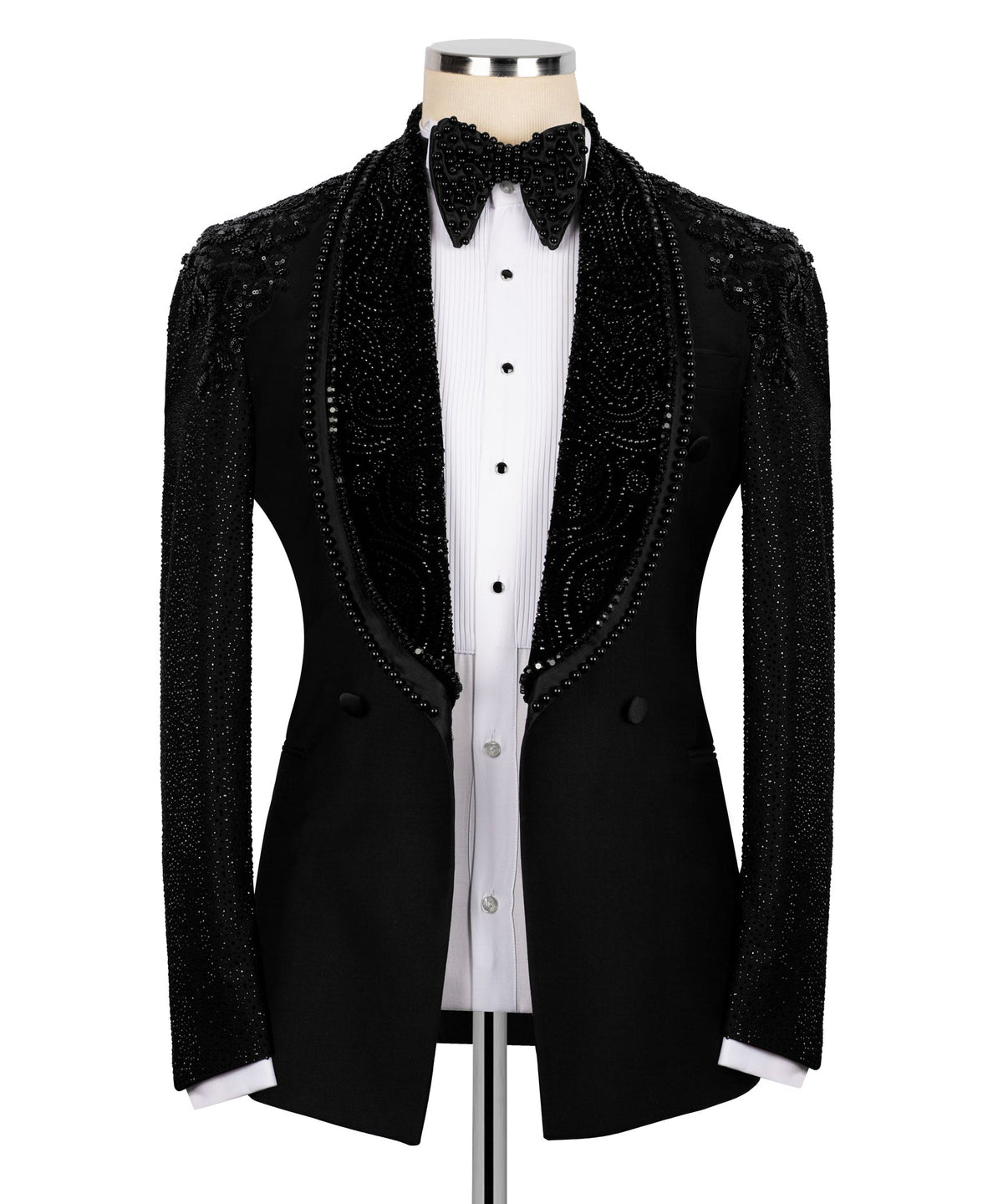 Black stone-embroidered tuxedo jacket with bow tie and glossy satin lapels