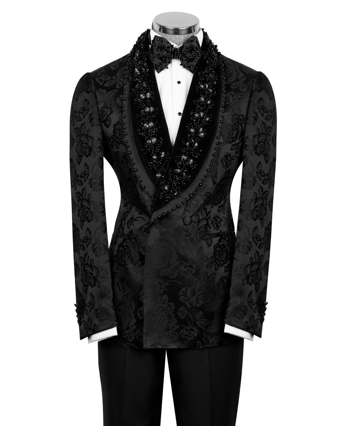 Two-piece tux set: black embroidered jacket with jeweled deep V lapels and black trousers