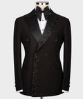 Black tuxedo jacket with satin lapels and diagonal jeweled stripe pattern
