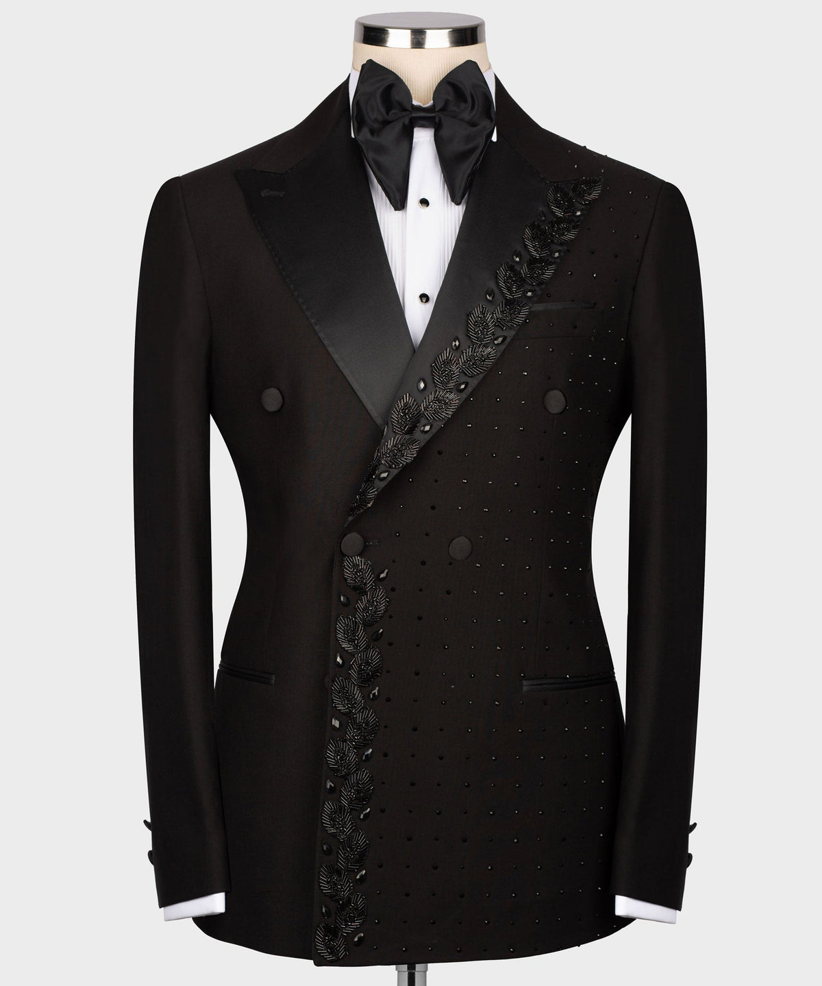 Black tuxedo jacket with satin lapels and diagonal jeweled stripe pattern