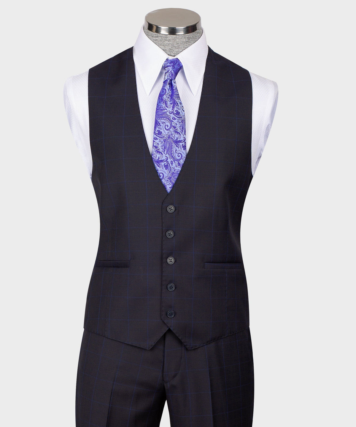 Navy windowpane vest suit with purple paisley tie; sleeveless vest with buttons