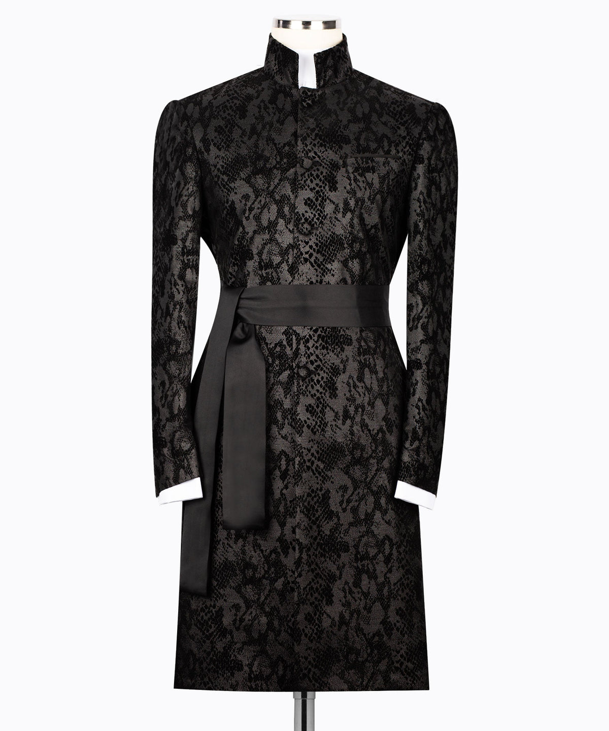Black snake-print tuxedo jacket with long tied belt detail, high collar