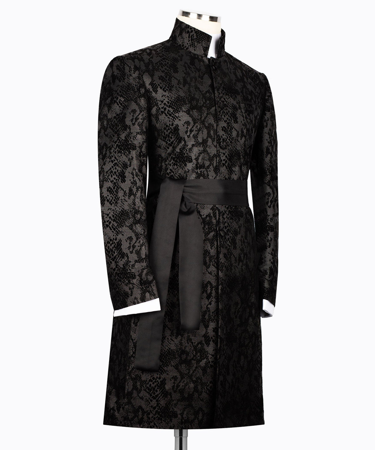 Black snake-print tuxedo jacket with long belt draped at waist, button front, long sleeves