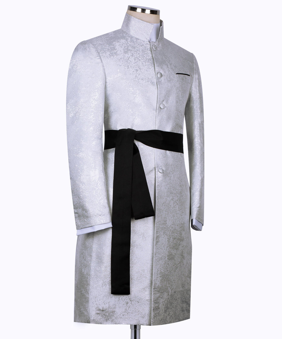 Light textured tuxedo jacket with black long sash belt tied at waist