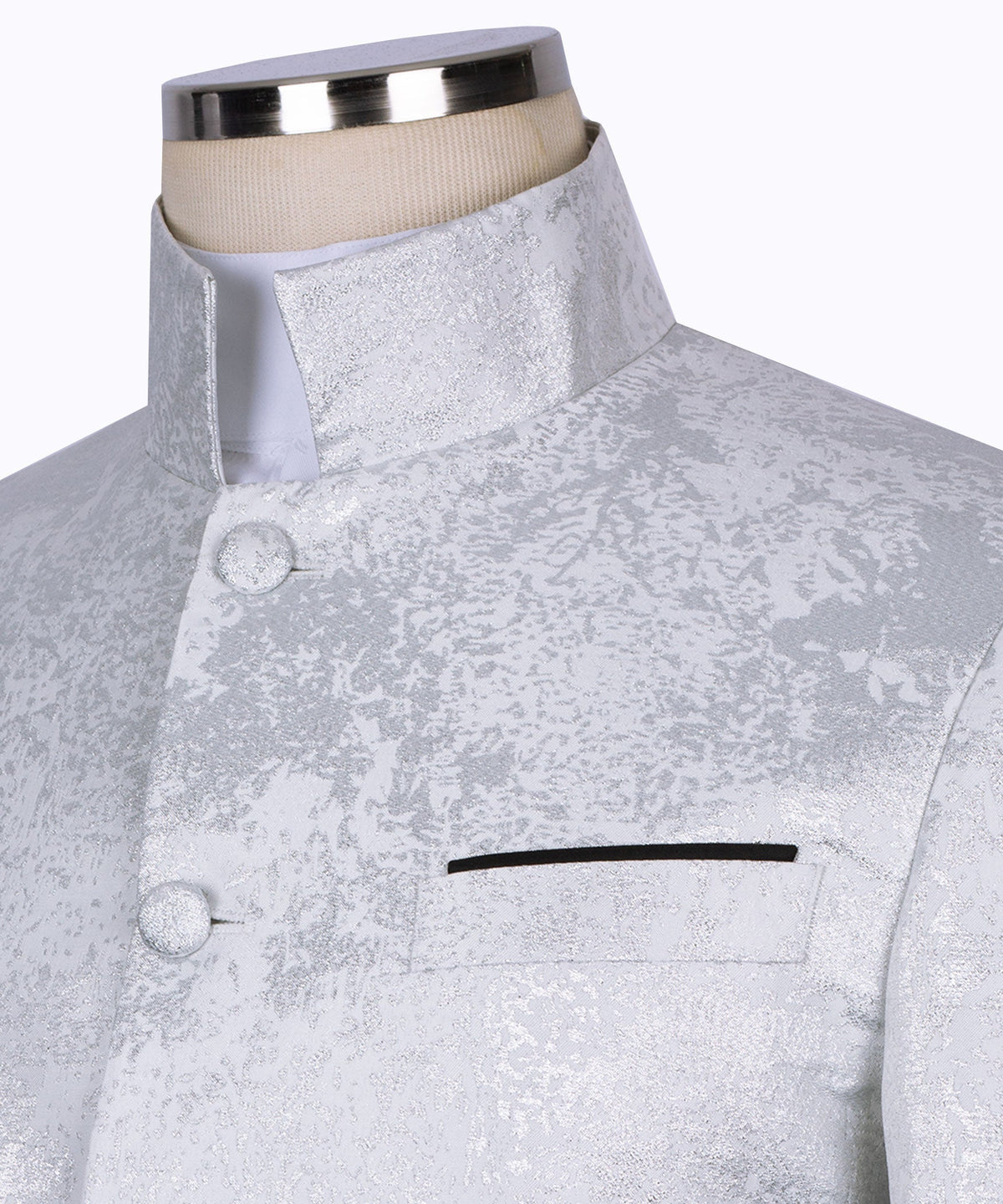 Tuxedo jacket collar and button placket with chest pocket detail; black sash belt