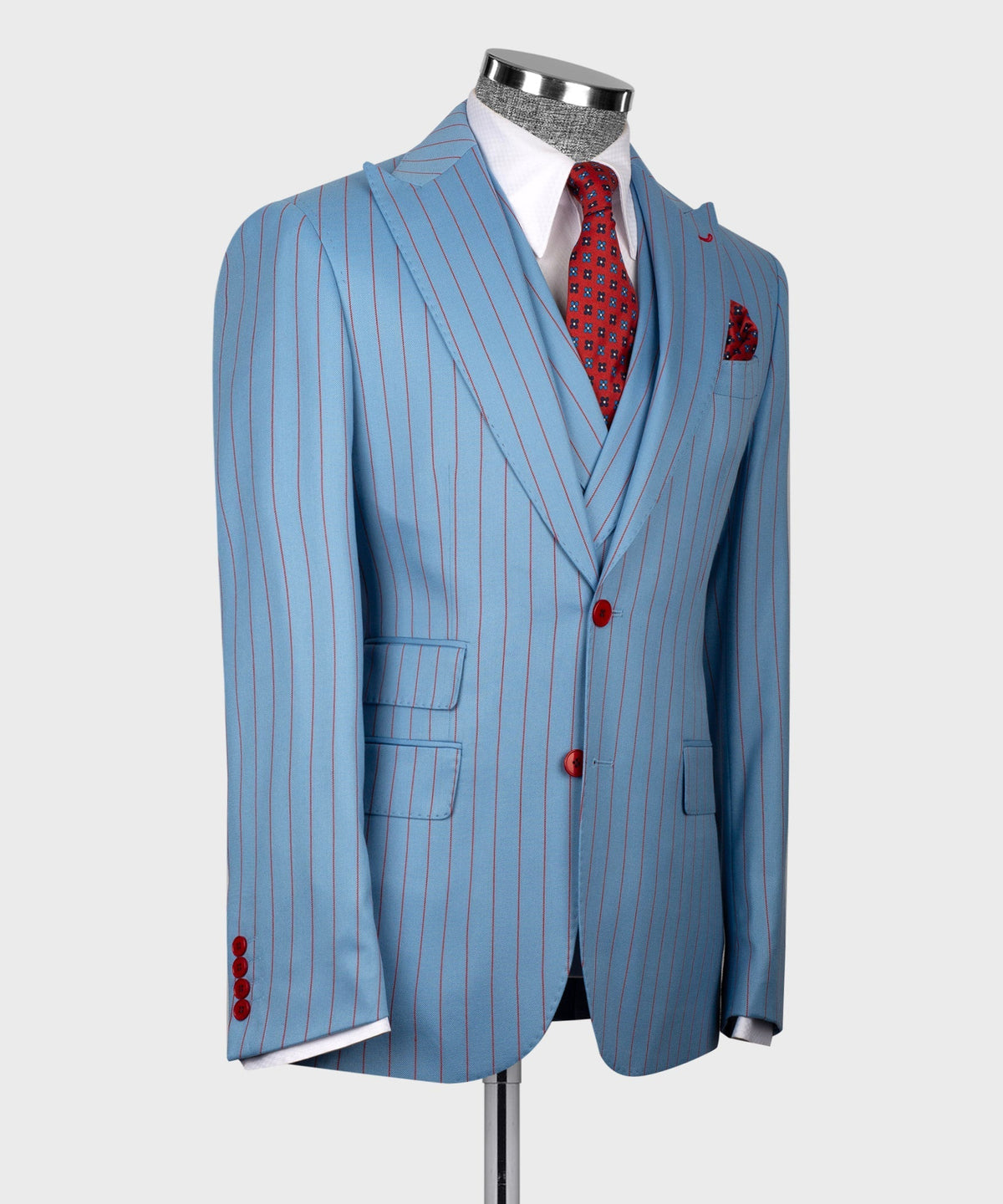 Blue pinstripe suit jacket profile with flap pockets and red patterned pocket square