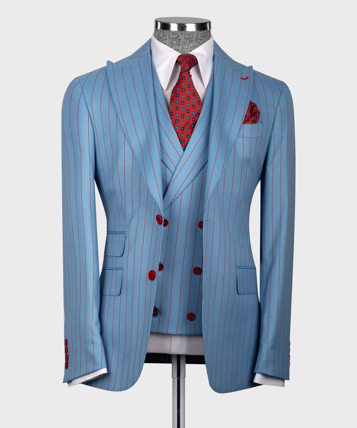 Blue striped 3-piece suit jacket with red patterned tie and matching vest, button front