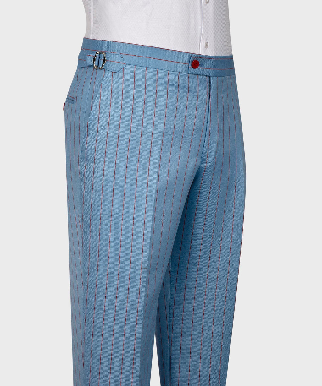 Light-blue pinstripe suit trousers with belt loops and red-button waistband detail