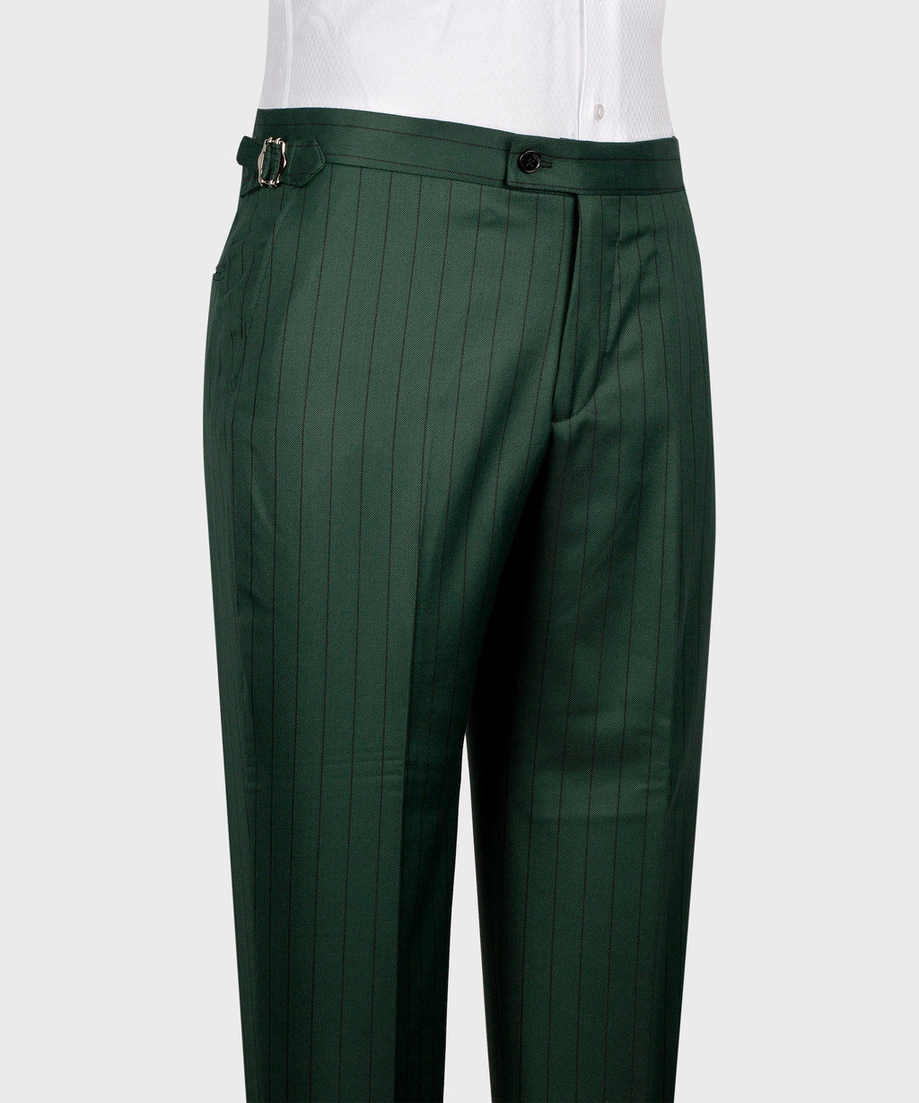 Green pinstripe dress trousers with belt loops and front button closure
