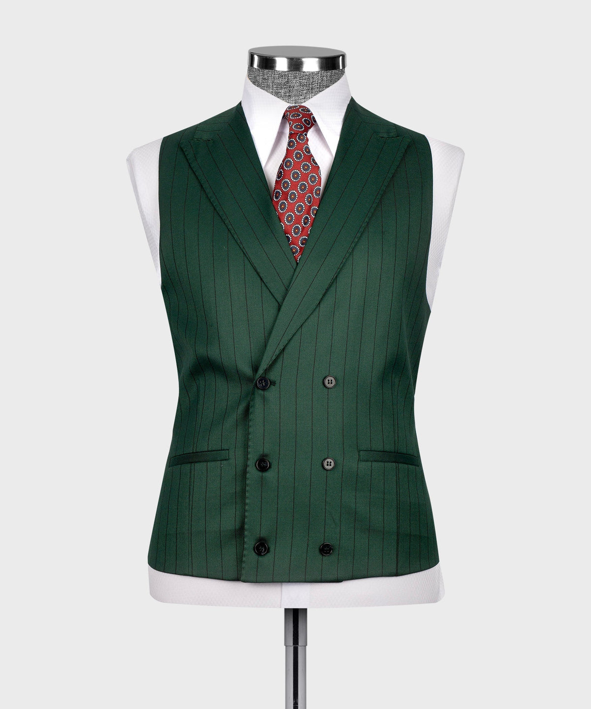 Green striped waistcoat with V-neck, dark buttons, and matching front pockets