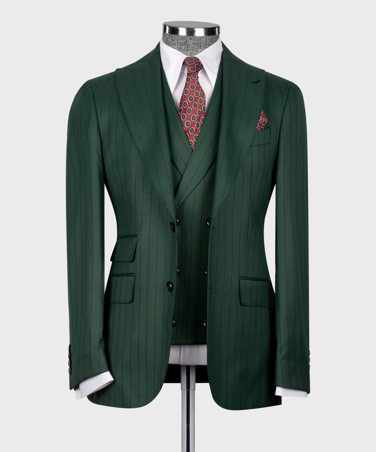Green striped suit jacket with matching waistcoat and red patterned necktie