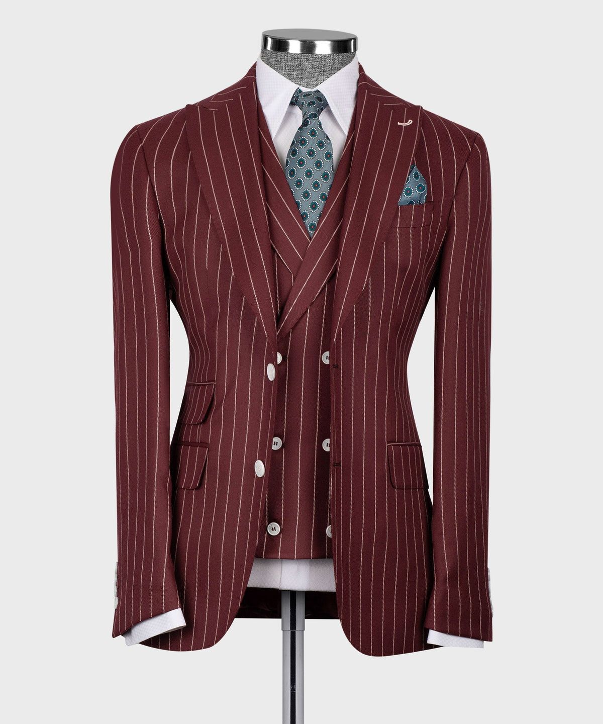 Deep burgundy pinstripe blazer with vest, tie and pocket square