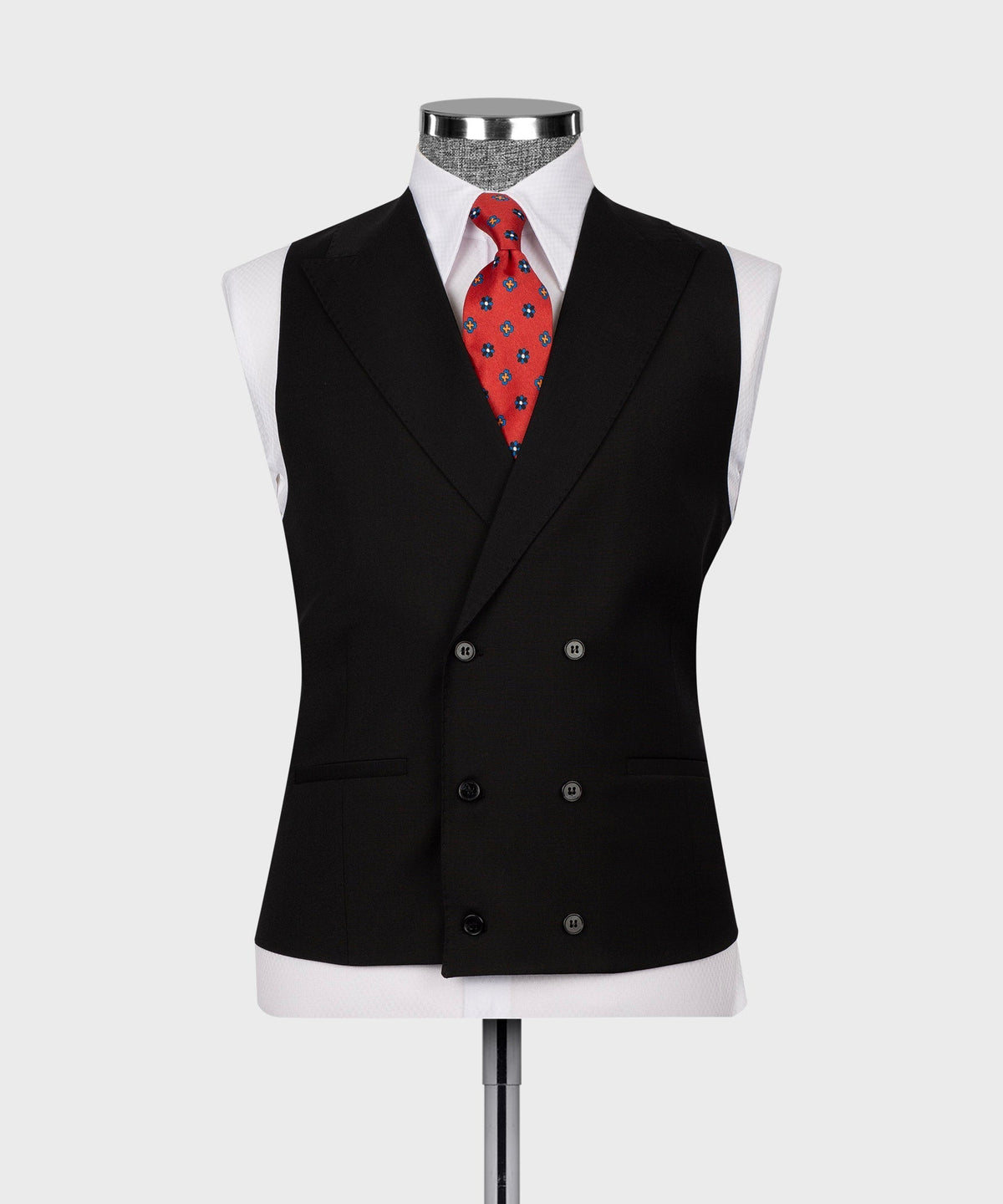 Black 3-piece vest suit with red patterned tie and matching pocket square.