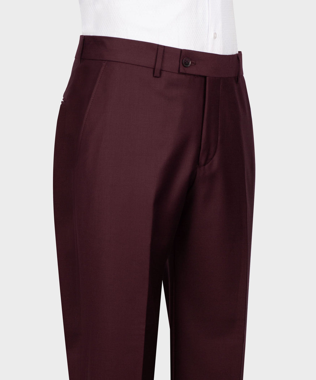 Burgundy tailored dress pants with belt loops, front crease, and button closure