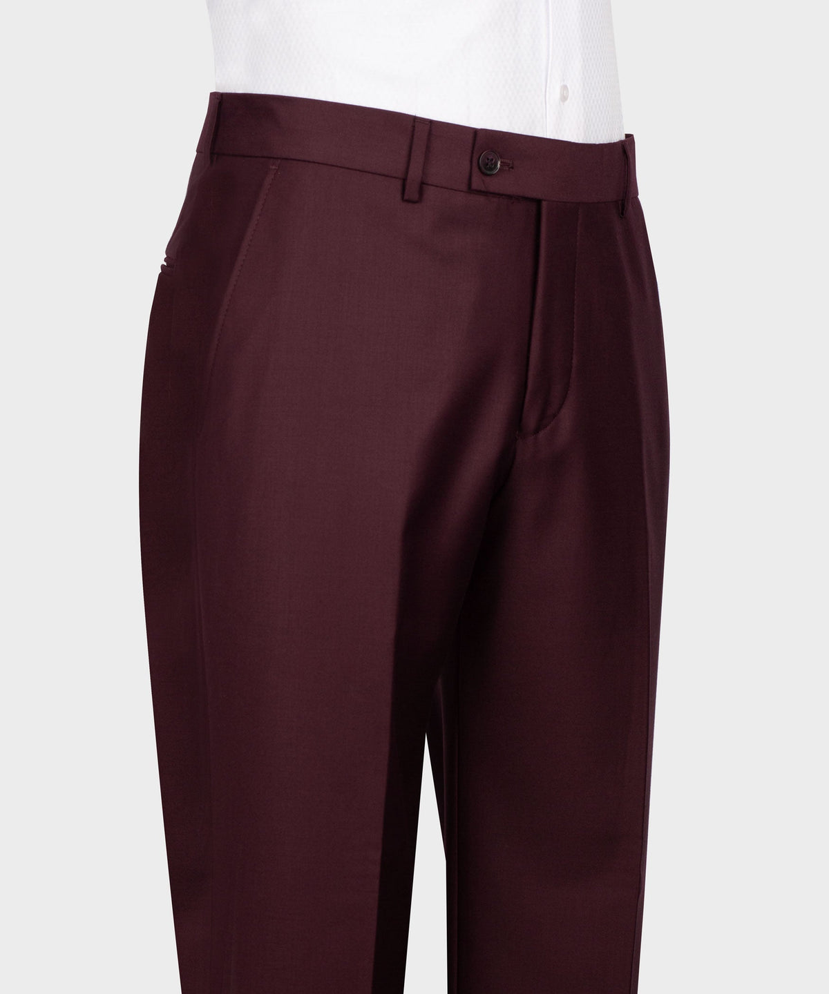 Burgundy dress trousers with straight leg and waistband closure.
