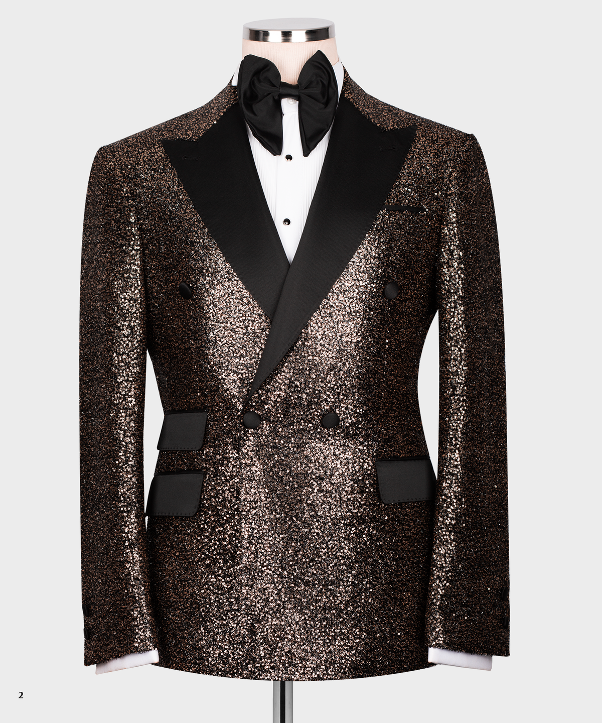Men's tuxedo jacket with black satin lapels and copper-gold sequin body; bow tie