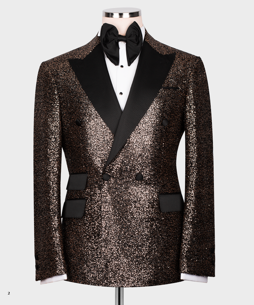 Men's tuxedo jacket with black satin lapels and copper-gold sequin body; bow tie