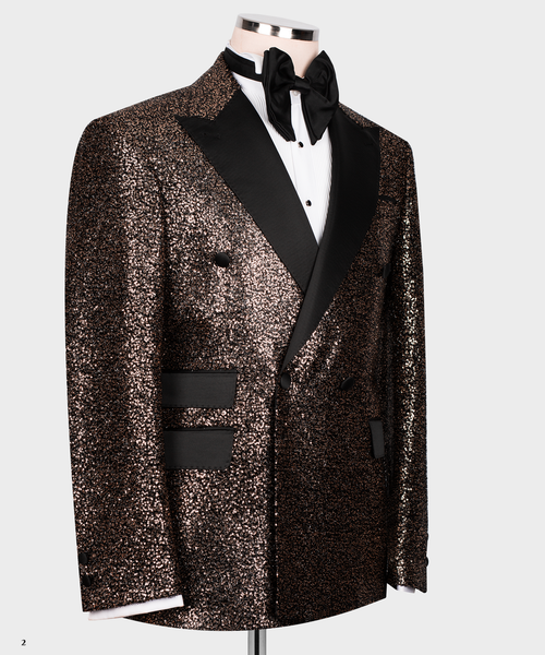 Copper-gold sequin tuxedo jacket with black under-collar, pocket flap details