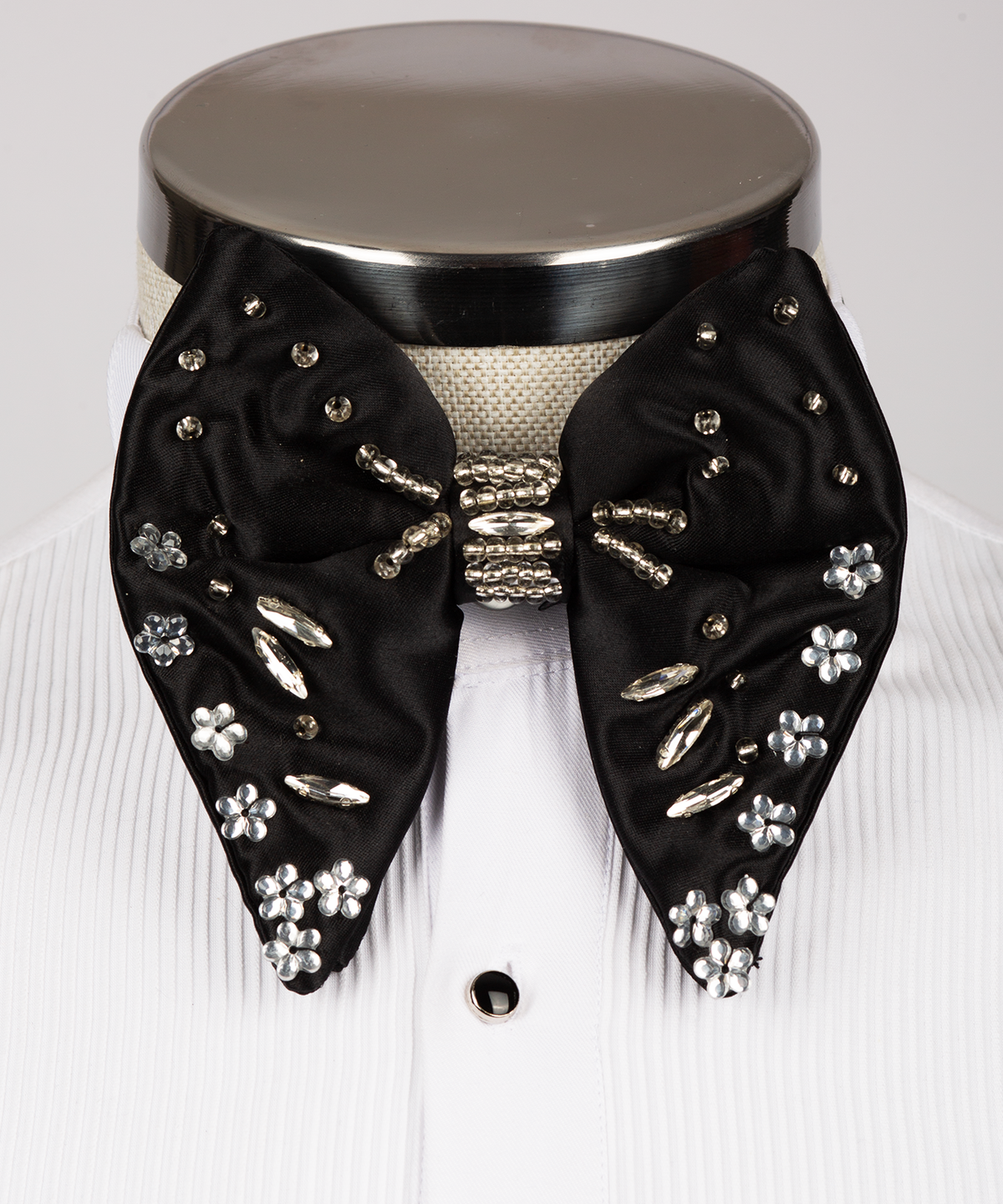 Men's beaded bow tie in black satin with silver bead and rhinestone embellishments