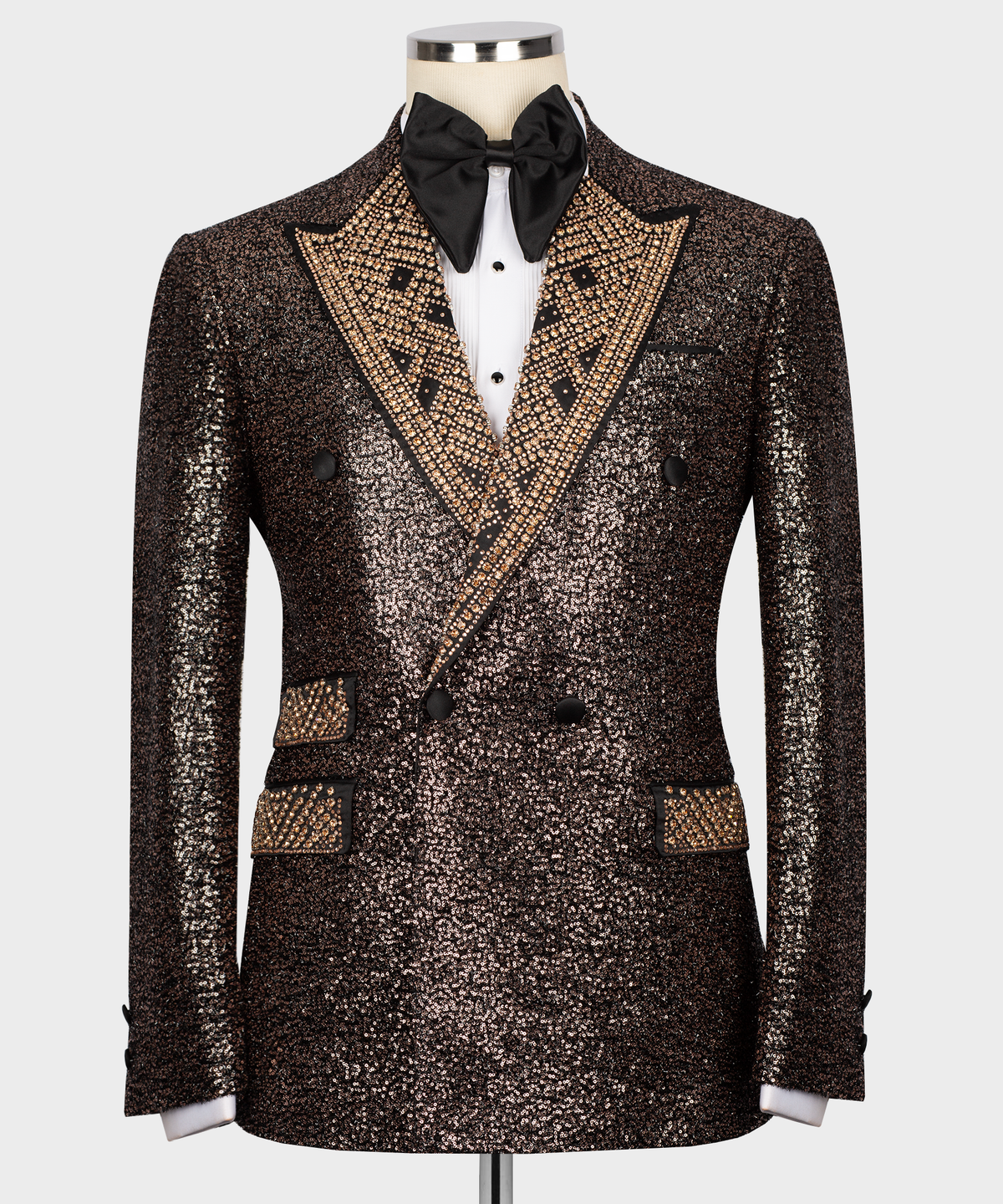 Copper sequin tuxedo jacket with stone-embroidery V, black satin lapels and buttons
