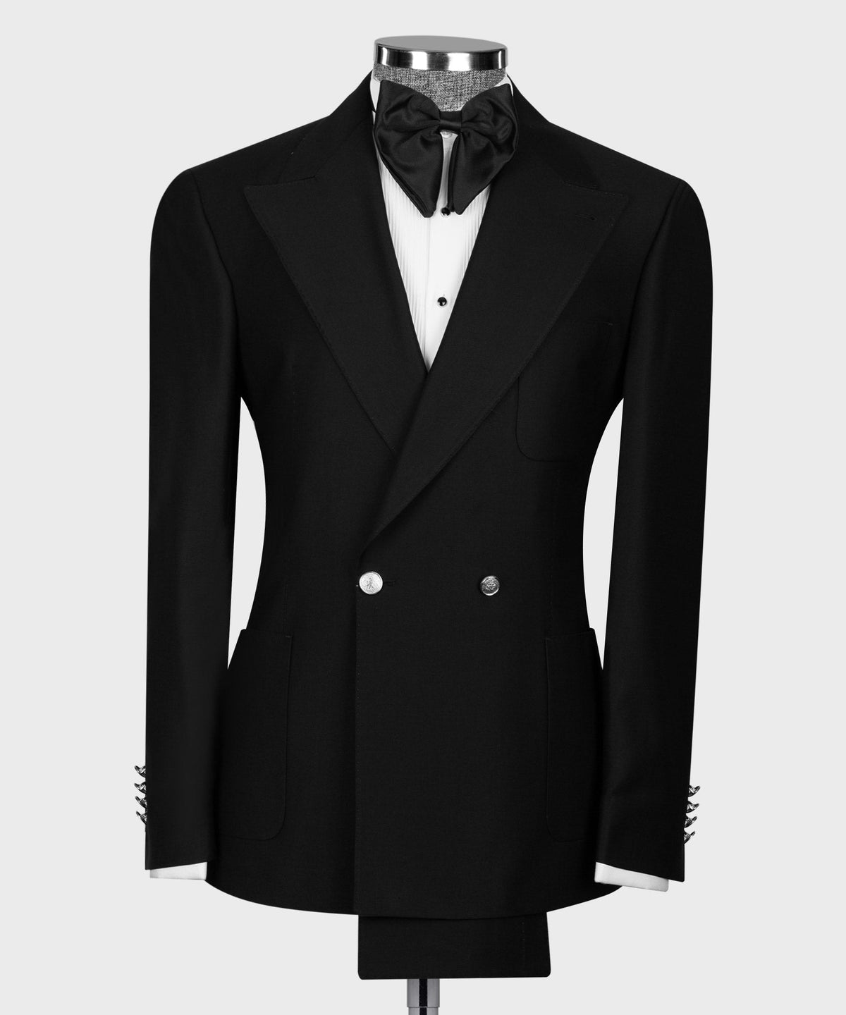 Black double-breasted tuxedo jacket with satin bow tie and matching waistcoat