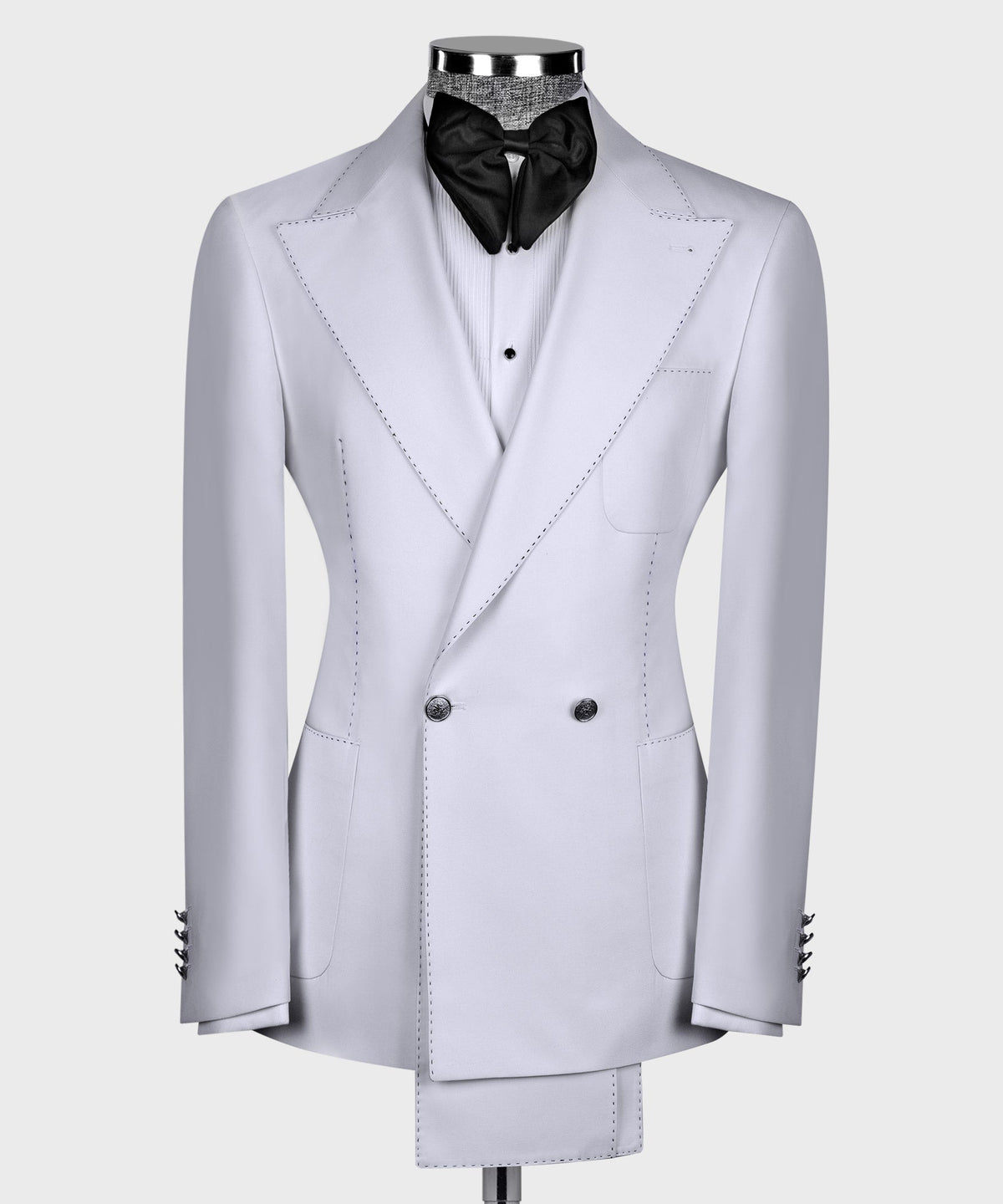 White double-breasted tuxedo jacket with black bow tie and notched lapels