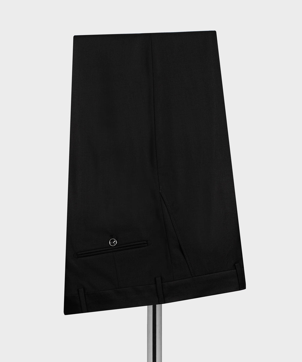 Black tuxedo trousers with straight legs and subtle stitched seam