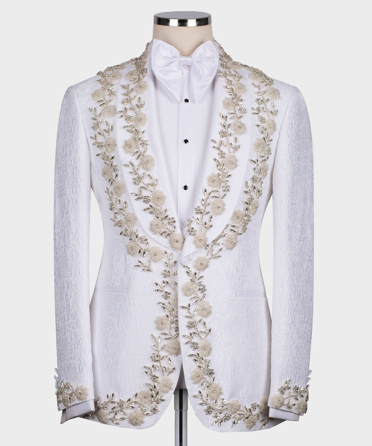 White tuxedo jacket and vest with dense gold vine embroidery across lapels and front