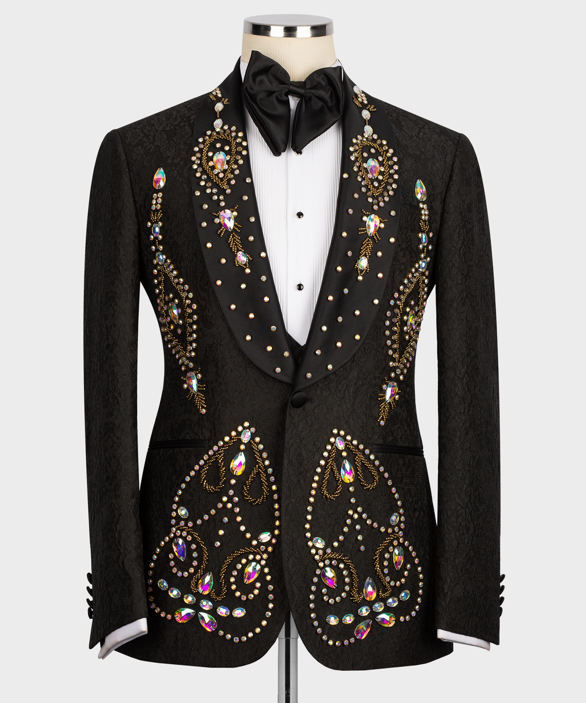 Black tuxedo suit with hand-embroidered multicolor rhinestone motifs and black bow tie